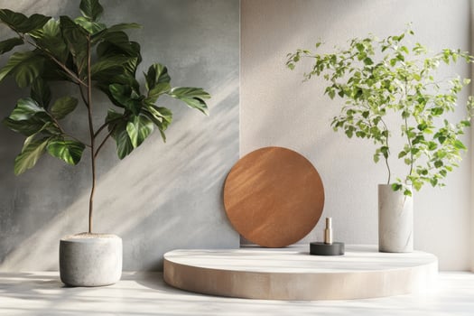 a room with a concrete floor, a round table and two vases photo