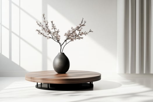 a vase with flowers on a round table in front of a window photo