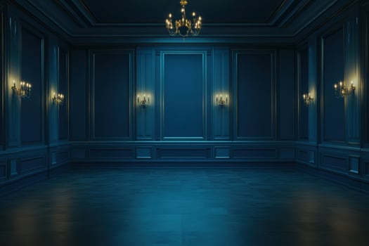 an empty room with blue walls and chandeliers photo