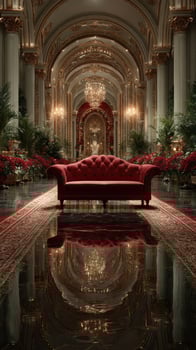 Elegant red sofa in a lavish hall with ornate decorations and festive greenery during a gala event photo