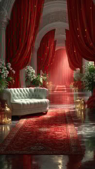 Elegant hall with red drapes and white sofa surrounded by floral arrangements and soft lighting photo