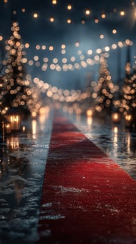 Elegant red carpet pathway illuminated by festive lights in a winter evening setting photo