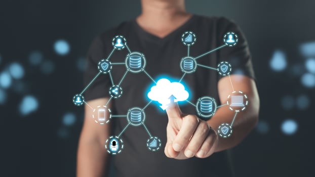 Hand touch icon cloud computing technology.data storage center system sharing management for upload download transfer.secure backup online digital networking and internet connection service concept photo