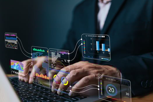 Business online digital market. businessman use graph report and progress of business and analyze financial,and investment.technology to plan strategy to success goal and growth stock photo