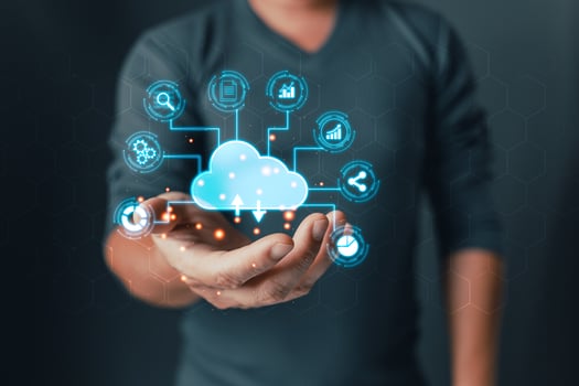 cloud technology.man hold icon cloud computing diagram. data storage.secure backup and consistency networking and internet service concept.implementing storage technology in business photo