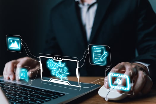 Man use laptop and software to show icon AI on screen. Marketers educate, research, analyze media streaming content creation, and use online marketing strategies to grow their digital business. photo