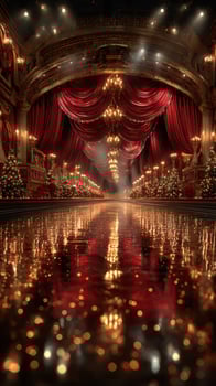 Grand theater decorated for a festive celebration with shimmering lights and holiday trees in a luxurious setting photo