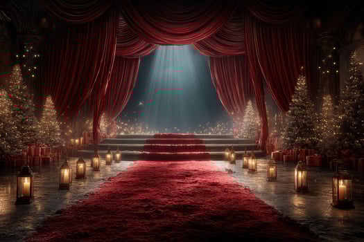 Festive stage with red curtains and Christmas decorations creating an enchanting holiday atmosphere photo