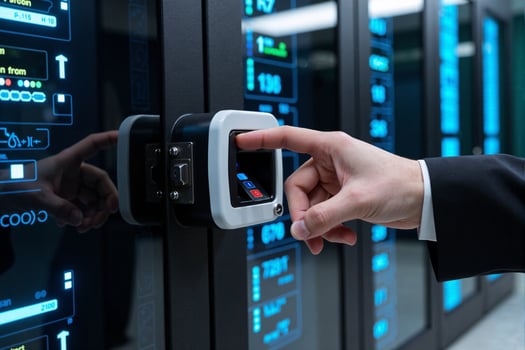 A person in a suit is touching a computer screen photo
