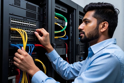 A man in a blue shirt is working on a server photo