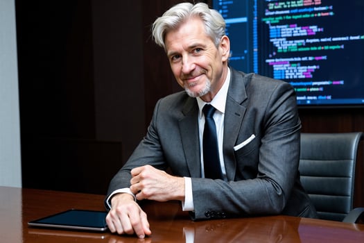 A man in a suit sitting at a desk with a tablet photo