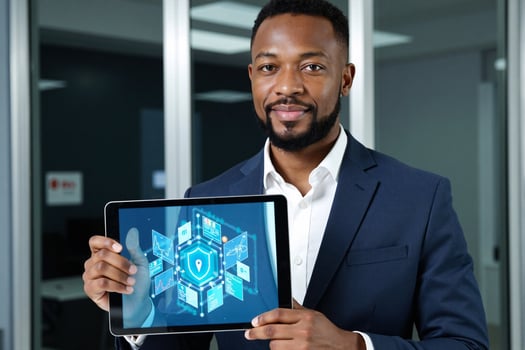 A man in a suit holding up a tablet computer photo