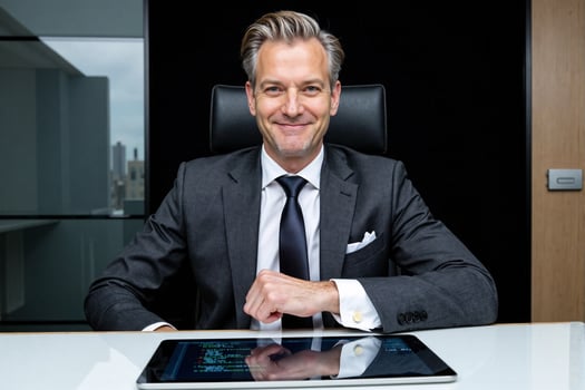 Confident middle-aged businessman in a sharp suit and tie, smiling warmly at the camera while seated at his modern office desk with a tablet, embodying success photo
