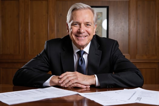 A man in a suit sitting at a desk with papers photo