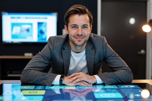 A man in a suit sitting at a table with a touch screen photo