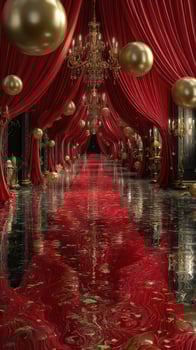 Elegant red carpet corridor adorned with golden accents and luxurious chandeliers for a grand event setup photo
