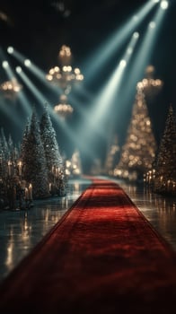 Elegant red carpet leading through festive winter wonderland with decorated Christmas trees and twinkling lights photo