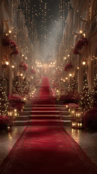 Luxurious staircase lined with flowers and lights at an elegant evening event in a historic building photo