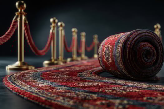 Luxury red carpet unrolled in a stylish venue with gold stanchions during an evening event photo