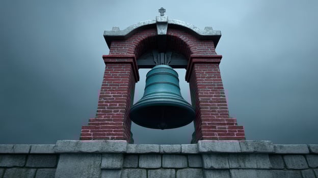 Historic bell tower with a large bell under a cloudy sky at sunset photo