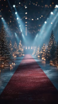 Festive winter wonderland with sparkling lights and red carpet leading through snow-covered trees photo