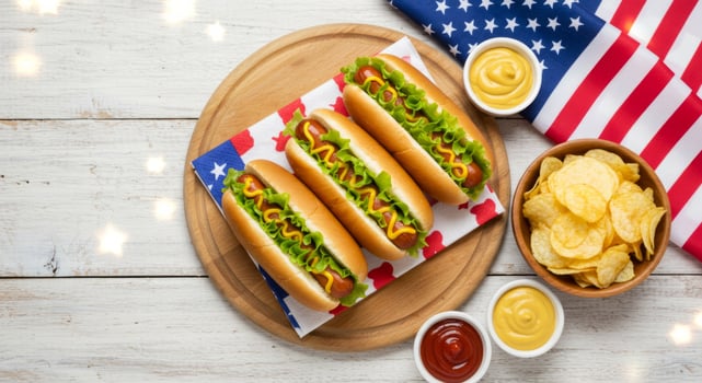Festive American picnic scene with hot dogs and patriotic accents, top view photo