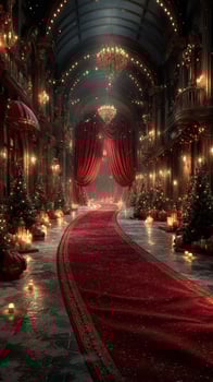 Elegant winter wonderland with red carpet, adorned trees, and glowing chandeliers in a grand hall photo