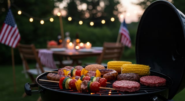 Festive Fourth of July barbecue with grilled food and American flag decor photo