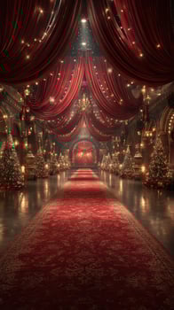 Decorative hall with red drapes, glowing lights, and Christmas trees during festive season photo