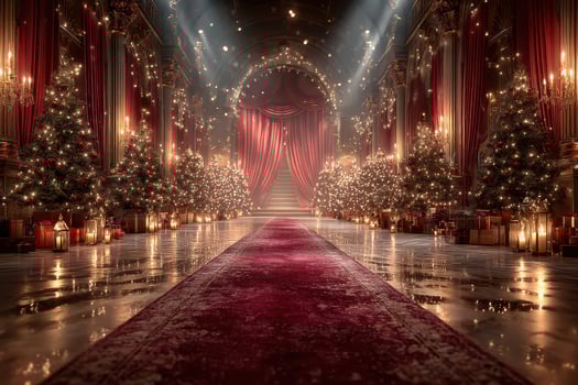 Festive hallway adorned with Christmas trees and glowing lights in an elegant venue during the holiday season photo
