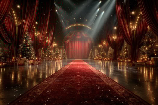 Holiday theater stage decorated with festive lights and Christmas trees in a winter wonderland setting photo
