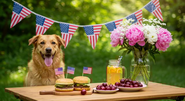 Festive Fourth of July celebration with a dog, burgers and decorative flags photo