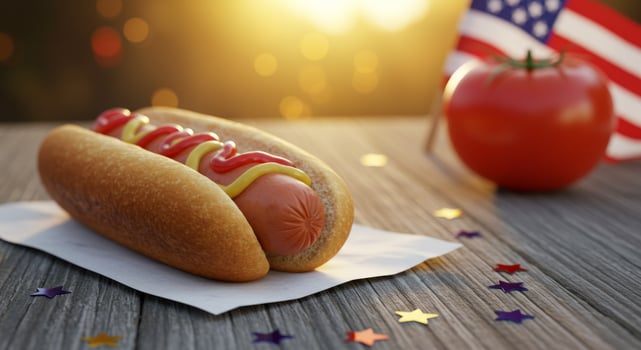 Festive Fourth of July Hotdog Still Life with American Flag Backdrop photo