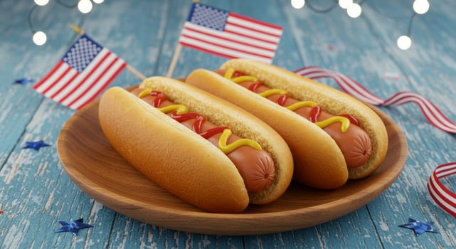Festive Fourth of July Hotdogs with American Flags and String Lights photo