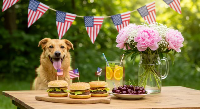 Festive Fourth of July Picnic with Cheerful Golden Retriever Celebration photo