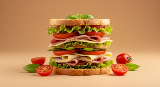 Freshly Prepared Layered Sandwich with Ham Cheese Tomato and Lettuce photo