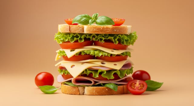 Giant layered sandwich with fresh ingredients for a balanced nutrition snack photo