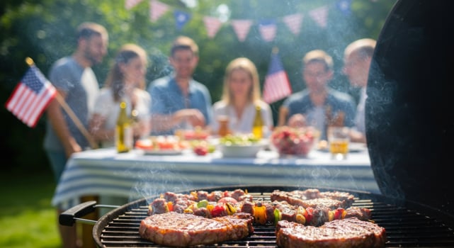Patriotic American cookout with grilled meat and festive decorations outdoor photo