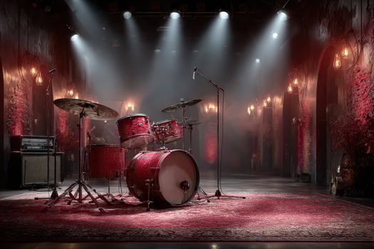 Drum set ready for performance in an atmospheric venue with dramatic lighting and a vintage vibe photo