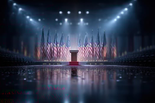 Stage set for an important political event with American flags and empty seats in a prepared auditorium photo