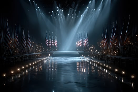 Dramatic stage setting with American flags illuminated by spotlights during a significant event at night photo
