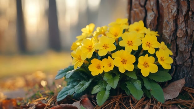 Vibrant Yellow Primroses Blooming Near Tree Trunk in Forest photo
