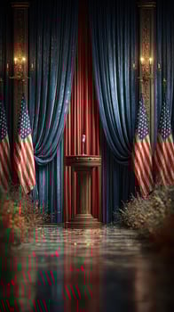 Elegant stage prepared for political address in a formal setting with American flags and rich drapery photo