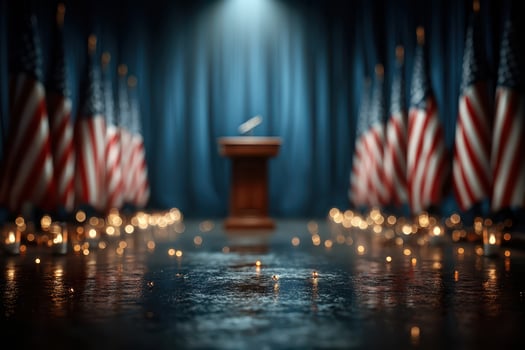 Mysterious podium surrounded by American flags and soft lighting before an important speech at night photo