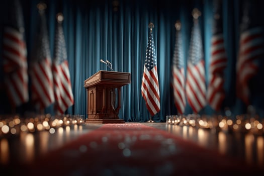 Ceremony setup with podium and American flags during a formal event in a hall photo