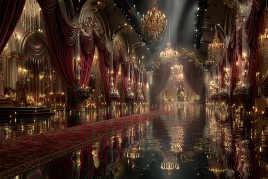 Elegant ballroom with dramatic lighting and luxurious decor captures a timeless atmosphere at night photo