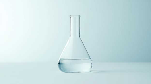 Clear liquid in laboratory flask on flat surface photo