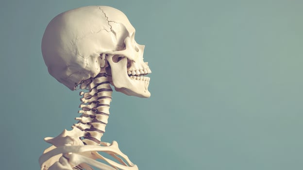 Human skeleton positioned against light background photo