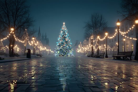 Holiday decorations illuminate a quiet street featuring a large Christmas tree and glowing lights during a winter evening photo
