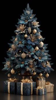 Elegant blue and gold Christmas tree adorned with flowers and ornaments in a festive display photo